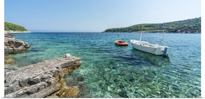 Boats At The Little Pier Of Tankaraca Cove In Summer, Vela Luka, Korcula Island, Croatia