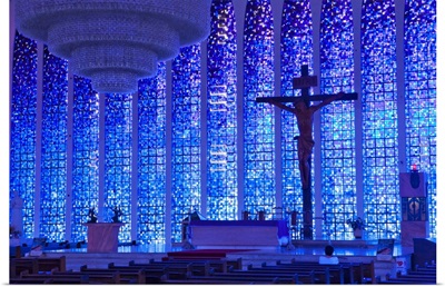Brazil, the Santuario Dom Bosco church showcasing the stained glass and crucifix