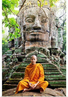 Buddhist Monk In Saffron Robes Meditating, Angkor Temples, Siem Reap, Cambodia