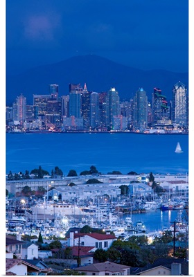 California, San Diego, City and Shelter Island Yacht Basin from Point Loma, dusk