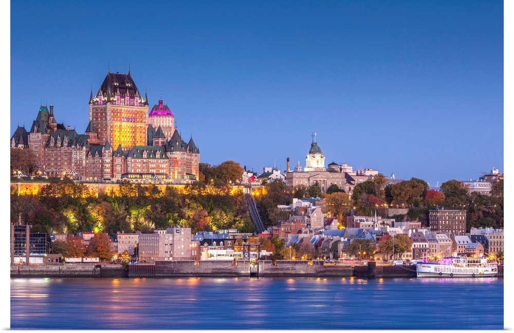 Canada, Quebec, Quebec City, Elevated Skyline With Chateau Frontenac Hotel From Levis, Dawn
