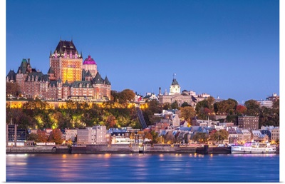 Canada, Quebec, Elevated Skyline With Chateau Frontenac Hotel From Levis, Dawn