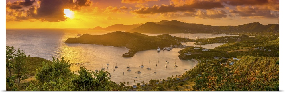 Caribbean, Antigua, English Harbour from Shirley Heights, Sunset.