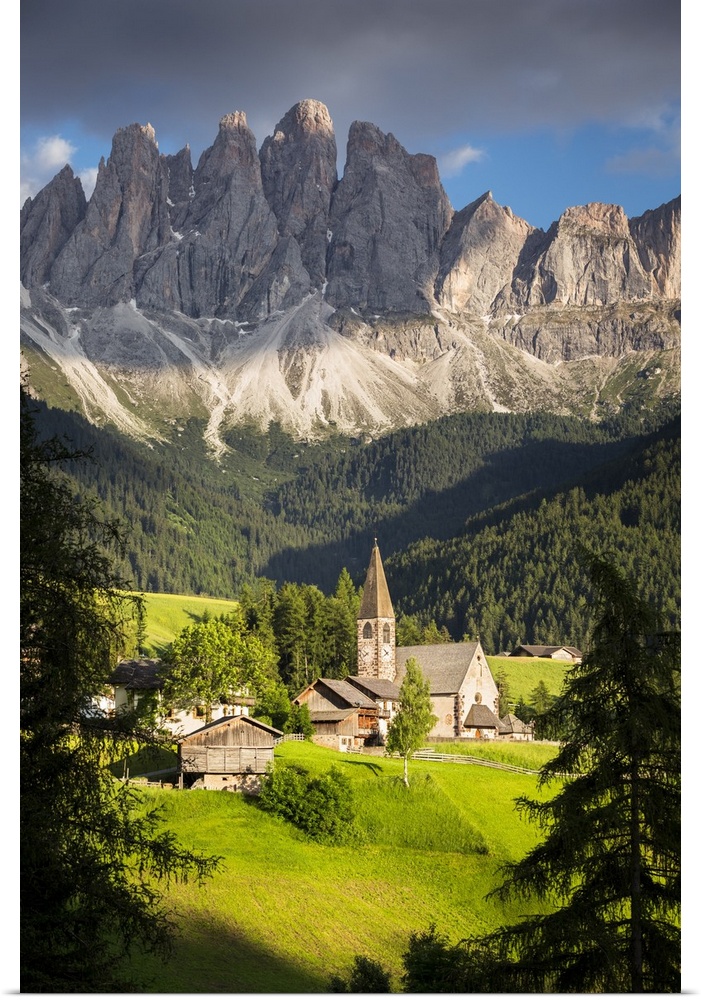the famous church in S. Maddalena in Villnoss with the Geisler in the background, Bolzano province, south Tyrol, Trentino ...