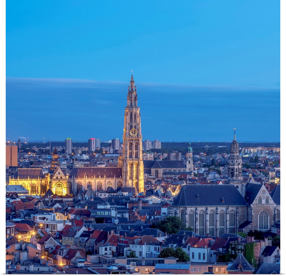 City Center Skyline At Twilight, Elevated View, Antwerp, Belgium