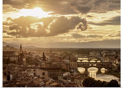 Cityscape With Ponte Vecchio And Arno River At Sunset, Florence, Tuscany, Italy