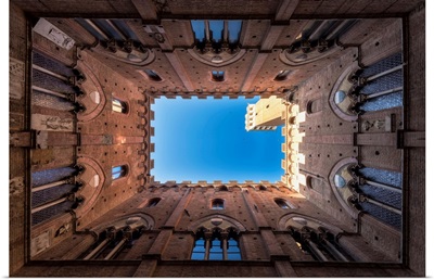 Classic Bottom View Of Palazzo Pubblico With Del Mangia's Tower At Dawn, Siena, Italy
