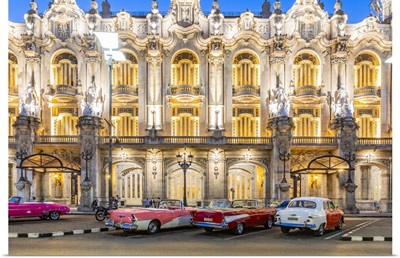 Classic Cars Parked In Front Of The Gran Teatro De La Habana, Havana, Cuba