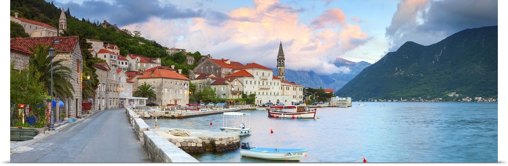 The picturesque coastal village of Perast illuminated at sunset, Perast, Bay of Kotorska, Montenegro