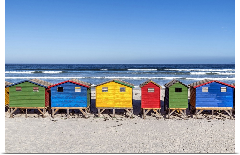 Colorful beach houses on the beach, Muizenberg, Cape Town, Western Cape, South Africa.