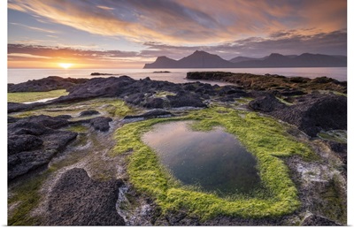 Colorful Summer Sunrise From The Rocky Shores Of Gjogv, Eysturoy, Faroe Islands, Denmark