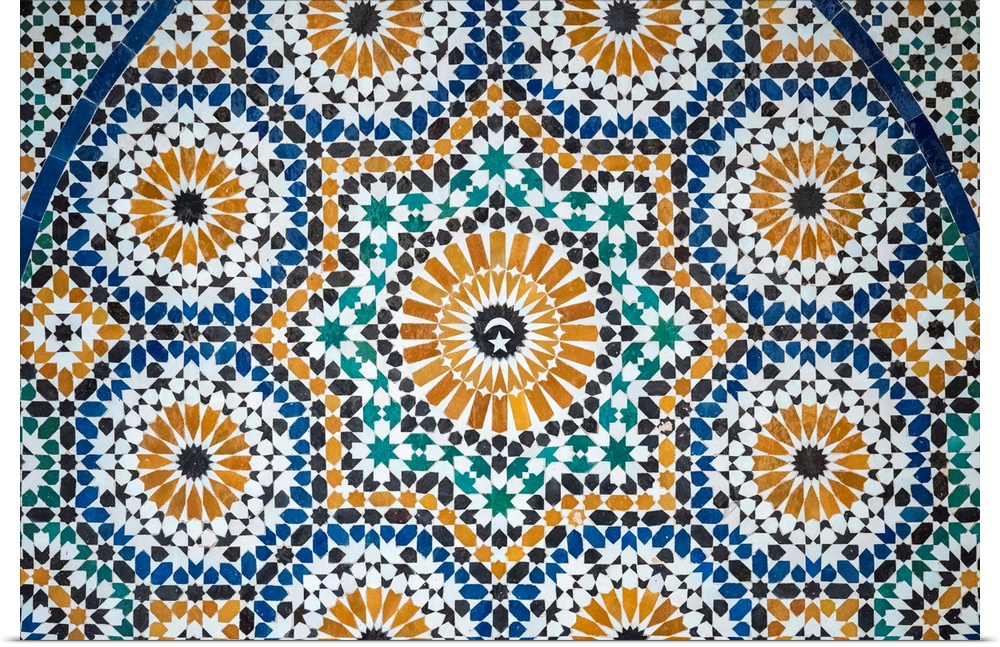 Morocco, Marrakech-Safi (Marrakesh-Tensift-El Haouz) region, Marrakesh. Colorful tiled mosaic at Marrakech Museum, housed ...
