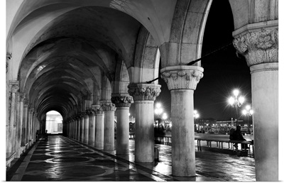 Columns of The Doge's Palace at night, Venice, Veneto region, Italy