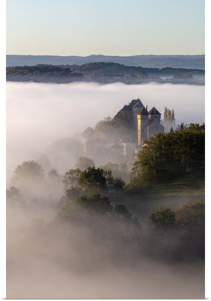 Curemonte labelled l'un des plus beaux villages de France, most beautiful villages in France, in the morning mist, Correze...
