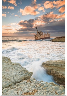 Cyprus, Paphos, Coral Bay, The Shipwreck Of Edro III At Sunset