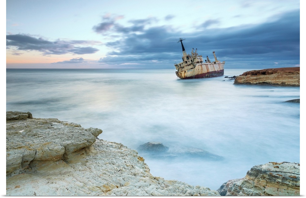 Cyprus, Paphos, Coral Bay, The Shipwreck Of Edro III At Sunset
