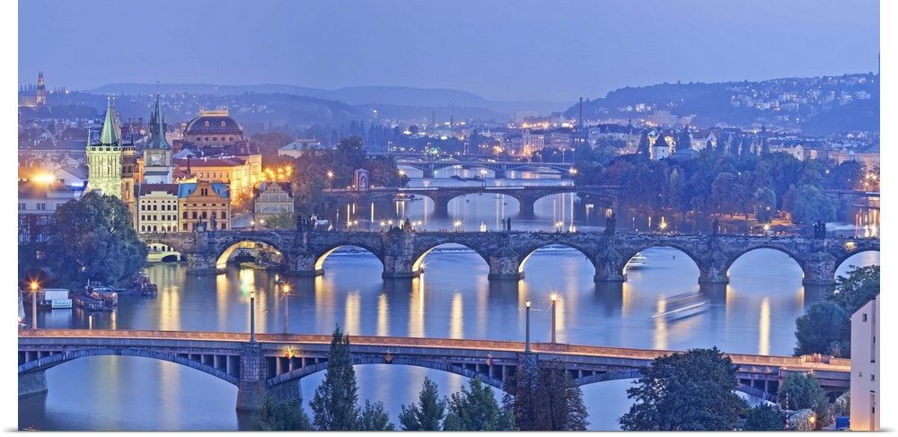 Bridges over the river in Prague, Czech Republic, at night.