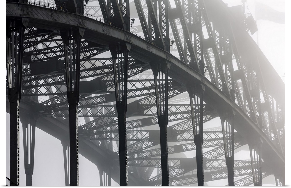 Detail of Sydney Harbour Bridge in fog, Sydney, New South Wales, Australia.