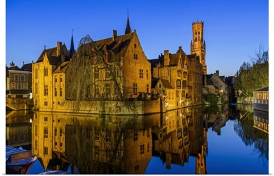 Dijver canal with Belfort medieval tower in the background, Bruges, Belgium