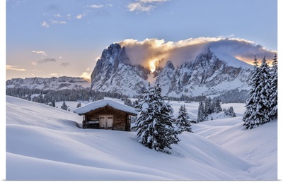 Dolomites, South Tyrol, Italy, Sunrise On The Seiser Alm With The Peaks Of Sassolungo
