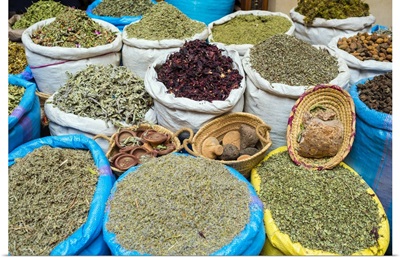Dried herbs and spices for sale in the Mellah spice market