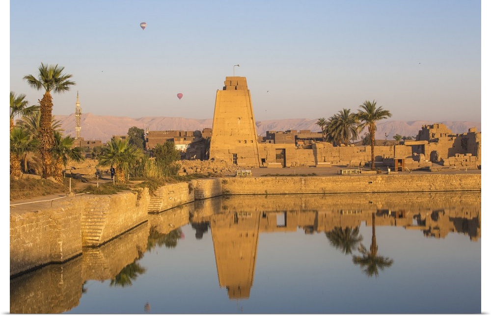 Egypt, Luxor, Karnak Temple, Hot air balloons rise over the Sacred Lake