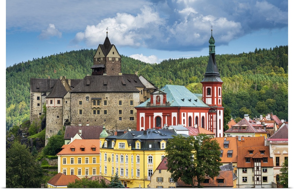 Elevated scenic view of Loket Castle and St. Wenceslas Church, Loket, Sokolov District, Karlovy Vary Region, Bohemia, Czec...