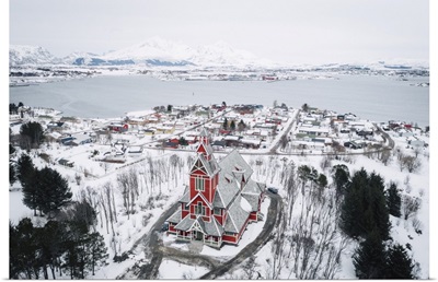 Elevated View Of Leknes Church, Leknes, Lofoten Islands, Nordland, Norway