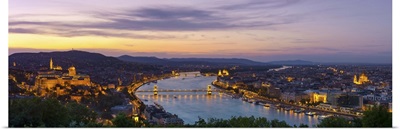 Elevated view over Budapest and the River Danube at sunset, Budapest, Hungary