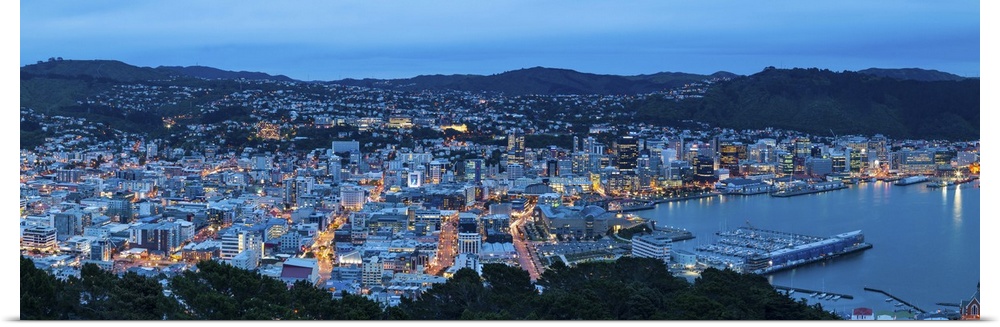 Elevated view over central Wellington illuminated at dusk, Wellington, North Island, New Zealand