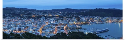 Elevated view over central Wellington illuminated at dusk, Wellington, New Zealand