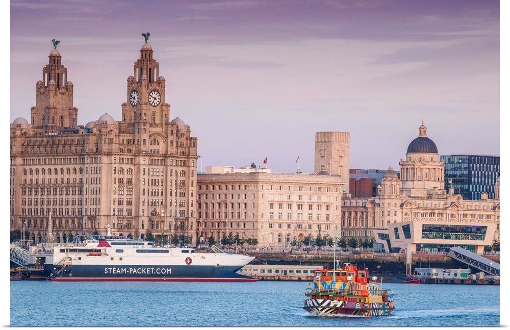 United Kingdom, England, Merseyside, Liverpool, Mersey ferry and Liverpool skyline, the only Dazzle ship in the UK.