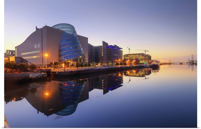 Europe, Dublin, Ireland, buildings reflecting on the Liffey river by night