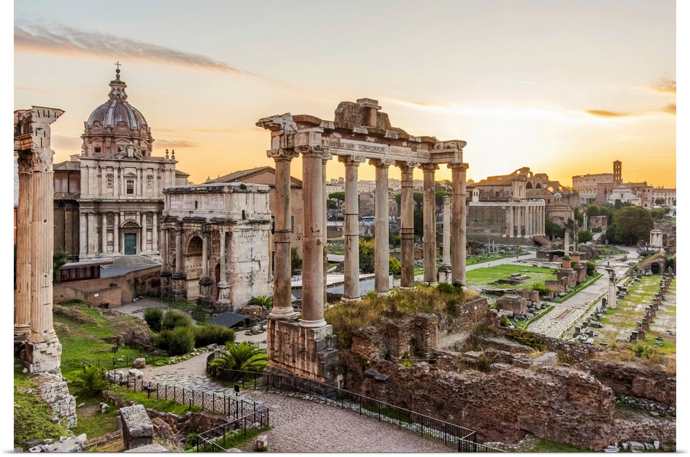 Europe, Italy, Rome. The Forum Romanum with the Saturn temple at dawn.