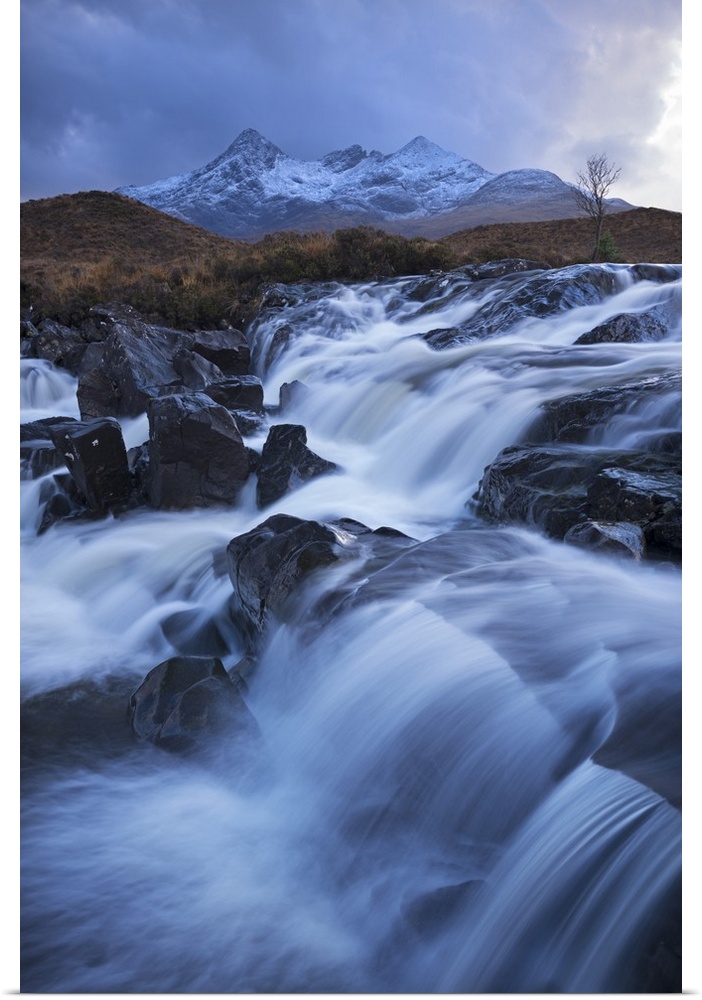 Waterfall on the River Sligachan with Sgurr nan Gillean mountain in the background, Isle of Skye, Scotland. Winter (November)
