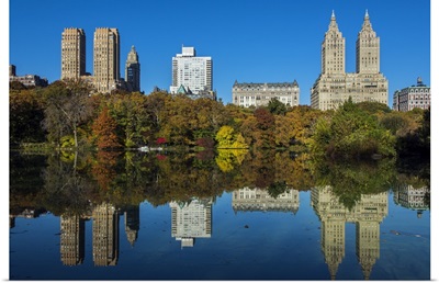 Fall foliage at Central Park with Upper West Side behind, Manhattan, New York