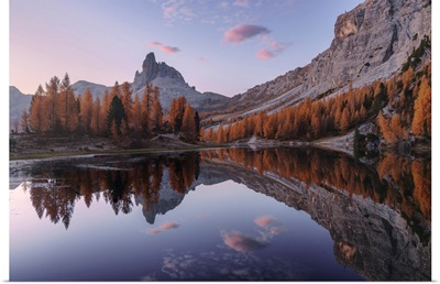 Federa Lake In Autumn Surrounded By Larches At Sunrise, Dolomites, Italy