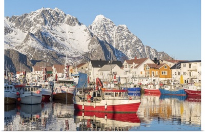 Fishing Boats In The Harbour, Snowcapped Mountains, Henningsvaer, Nordland Cnty, Norway