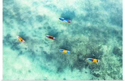 Fishing Boats Moored In The Exotic Lagoon, Overhead View, Zanzibar, Tanzania