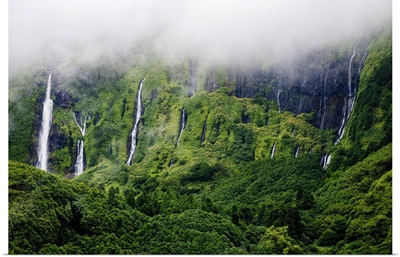 Flores, Azores Islands, Portugal, PooO Ribeira Do Ferreiro Waterfalls, Aerial View