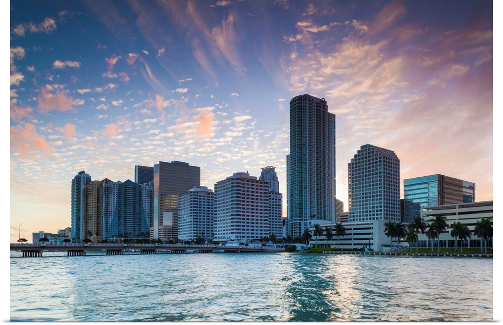 USA, Florida, Miami, city skyline from Brickell Key, dusk