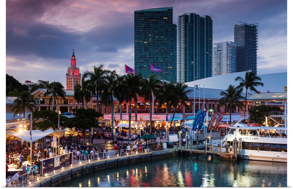 USA, Florida, Miami, city skyline with Bayside Mall and Fredom Tower, evening