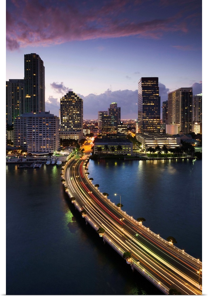 USA, Florida, Miami, elevated city skyline from Brickell Key, evening