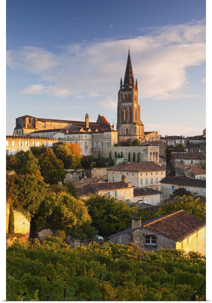 France, Aquitaine Region, Gironde Department, St-Emilion, wine town, town view with Eglise Monolithe church, monring