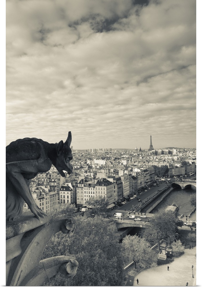 France, Paris, elevated city view from the Cathedrale Notre Dame cathedral with gargoyles