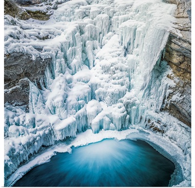 Frozen Lower Johnston Canyon Falls In Winter, Banff National Park, Alberta, Canada