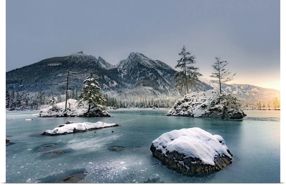 Germany, Bavaria, Lake Hintersee Frozen In Winter Against Hochkalter, Berchtesgaden Alps