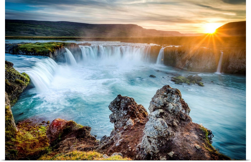 Godafoss, Myvatn, Iceland. the waterfall of the Gods at sunset.