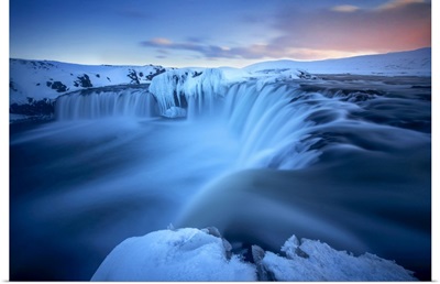Godafoss Waterfall During A Cold Sunset In Winter, Nordurland, Iceland