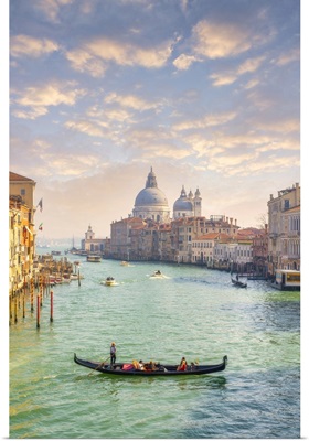 Gondola With Tourists With The Island Of San Giorgio Maggiore, Venice, Italy